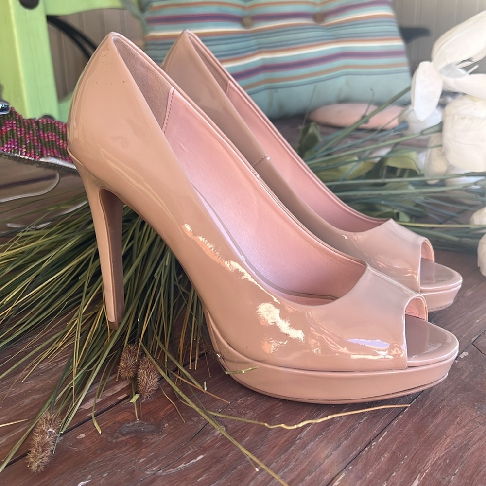 Laundry List nude open toe platform heels